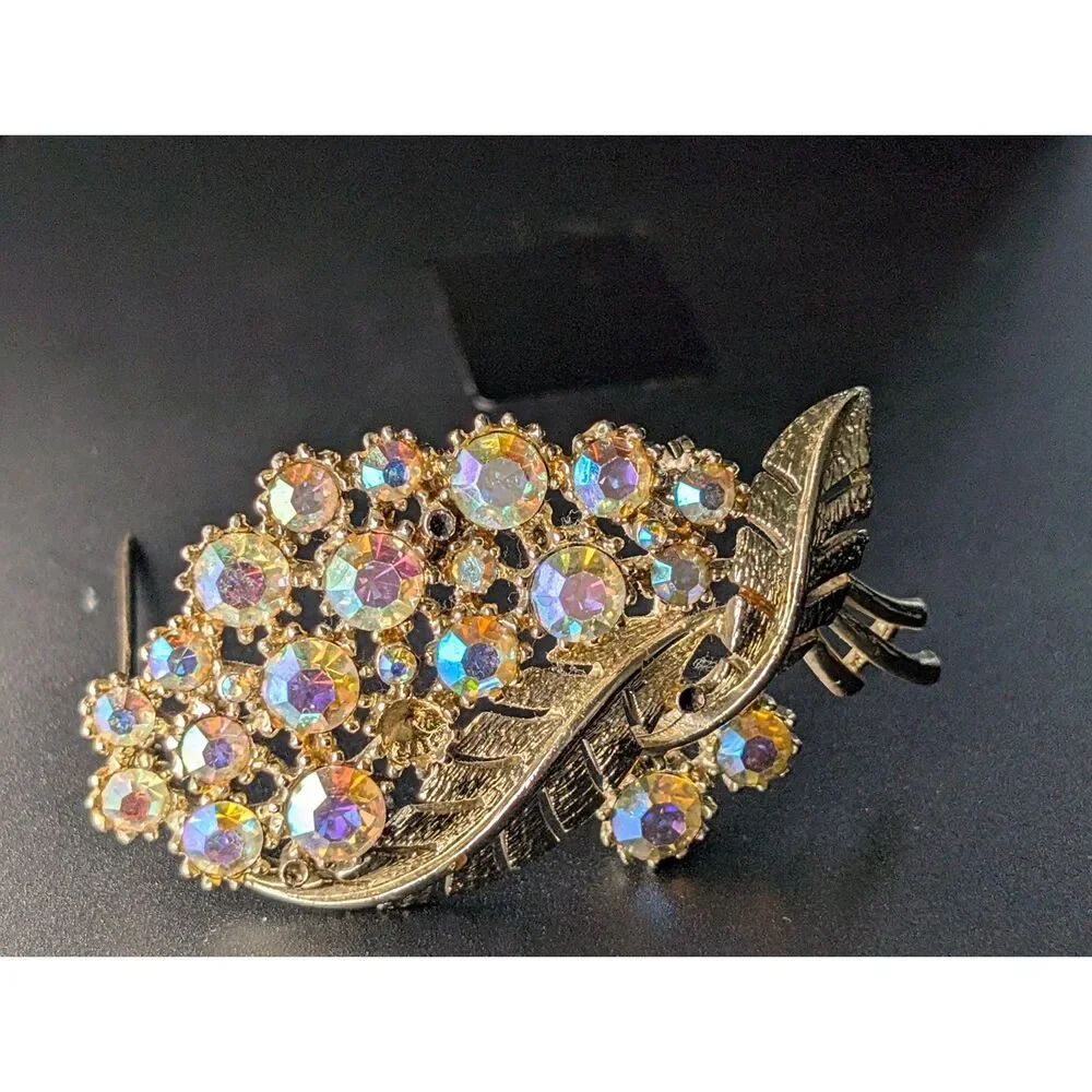 Vintage AB Rhinestone Leaf Brooch Gold Tone Signed C Missing Stones